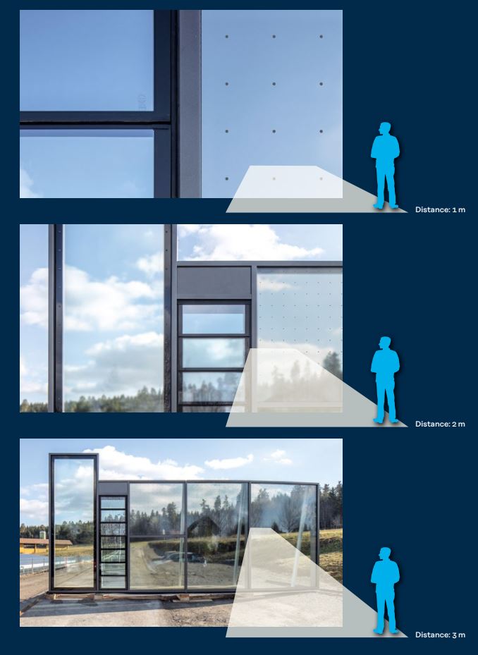 BirdSecure® Pro 90/6 (izquierda, puntos 6 mm) vs BirdSecure® Pro 90/3 (derecha, puntos 3 mm) — comparativa visual del patrón anti-colisión sobre vidrio