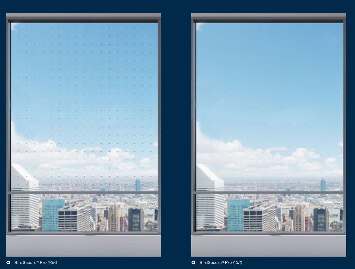 Visibilidad del patrón BirdSecure® Pro a diferentes distancias: 1 m, 2 m y 3 m — a 3 metros el vidrio es prácticamente transparente para las personas